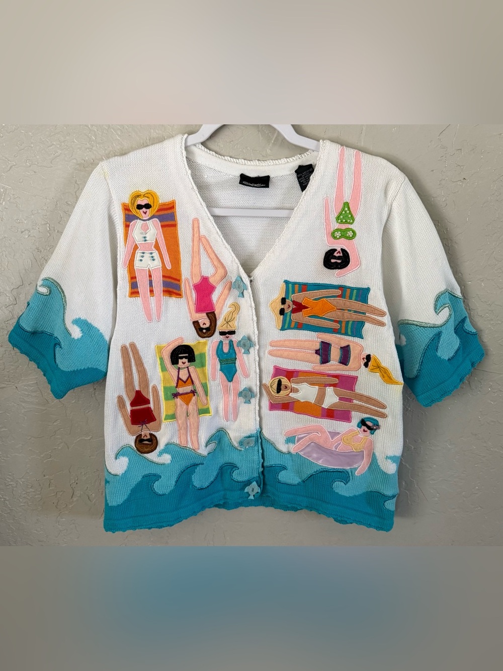 Vintage 90s Novelty Beach Scene Coastal Cardigan Sweater Dead Stock Size L